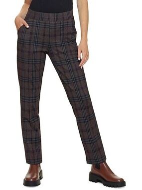 Hue Women's Plaid Ponte Knit Pull-On Trouser Brown Academia Pintuck Large